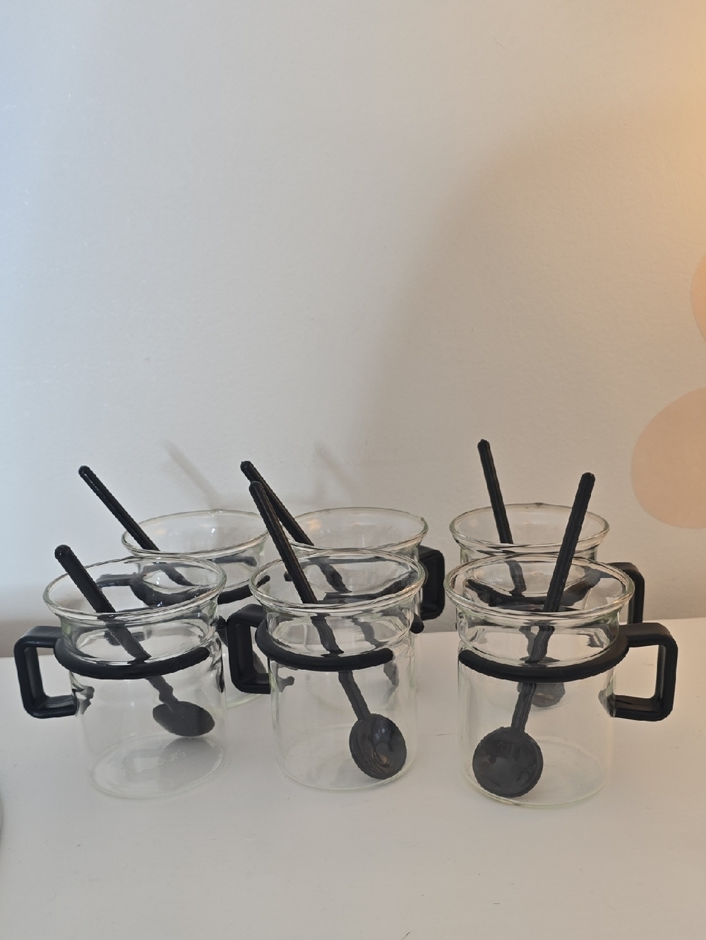 Set of 6 Vintage Bodum Bistro Clear Glass Mugs with Black Handles and Spoons